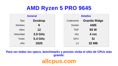 AMD Ryzen 5 PRO 9645 Especificaciones y benchmarks de la CPU