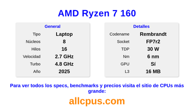 AMD Ryzen 7 160 Especificaciones y benchmarks de la CPU