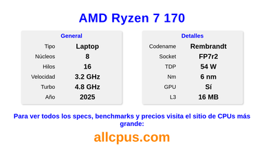 AMD Ryzen 7 170 Especificaciones y benchmarks de la CPU