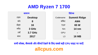 AMD Ryzen 7 1700 CPU की स्पेसिफिकेशन और बेंचमार्क