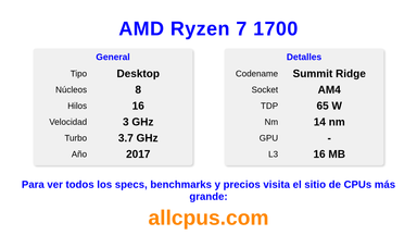 AMD Ryzen 7 1700 Especificaciones y benchmarks de la CPU