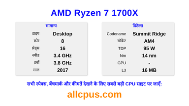 AMD Ryzen 7 1700X CPU की स्पेसिफिकेशन और बेंचमार्क