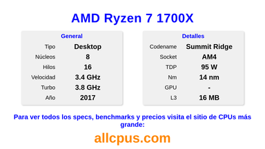AMD Ryzen 7 1700X Especificaciones y benchmarks de la CPU
