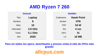 AMD Ryzen 7 260 Especificaciones y benchmarks de la CPU