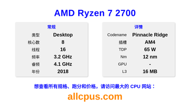 AMD Ryzen 7 2700 CPU 规格和跑分