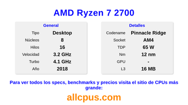 AMD Ryzen 7 2700 Especificaciones y benchmarks de la CPU