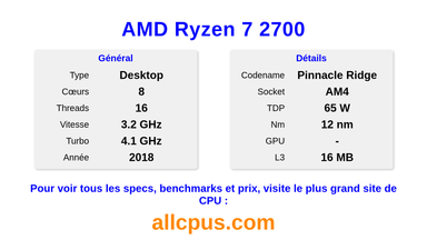 AMD Ryzen 7 2700 Spécifications et benchmarks du CPU