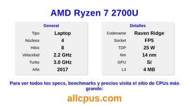 AMD Ryzen 7 2700U Especificaciones y benchmarks de la CPU