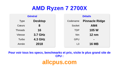 AMD Ryzen 7 2700X Spécifications et benchmarks du CPU