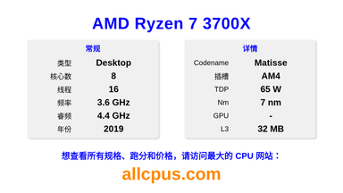 AMD Ryzen 7 3700X CPU 规格和跑分