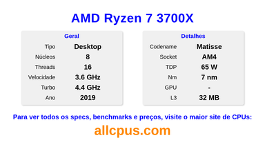 AMD Ryzen 7 3700X Especificações e benchmarks da CPU