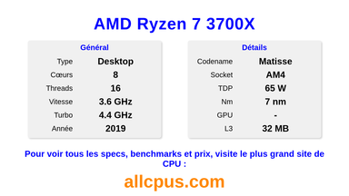 AMD Ryzen 7 3700X Spécifications et benchmarks du CPU