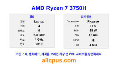 AMD Ryzen 7 3750H CPU 사양과 벤치마크
