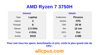 AMD Ryzen 7 3750H Spécifications et benchmarks du CPU