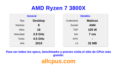 AMD Ryzen 7 3800X Especificaciones y benchmarks de la CPU