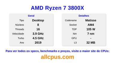 AMD Ryzen 7 3800X Especificações e benchmarks da CPU