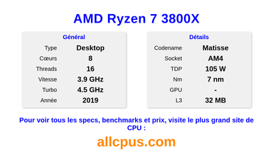 AMD Ryzen 7 3800X Spécifications et benchmarks du CPU