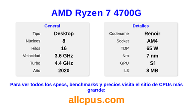 AMD Ryzen 7 4700G Especificaciones y benchmarks de la CPU