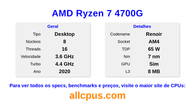 AMD Ryzen 7 4700G Especificações e benchmarks da CPU
