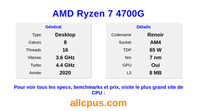 AMD Ryzen 7 4700G Spécifications et benchmarks du CPU
