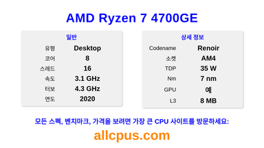 AMD Ryzen 7 4700GE CPU 사양과 벤치마크