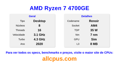 AMD Ryzen 7 4700GE Especificações e benchmarks da CPU