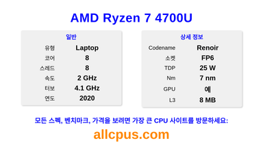AMD Ryzen 7 4700U CPU 사양과 벤치마크