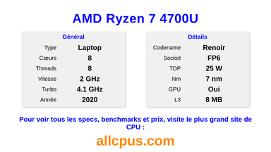 AMD Ryzen 7 4700U Spécifications et benchmarks du CPU