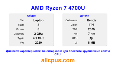 AMD Ryzen 7 4700U Характеристики и бенчмарки CPU