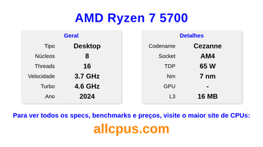 AMD Ryzen 7 5700 Especificações e benchmarks da CPU