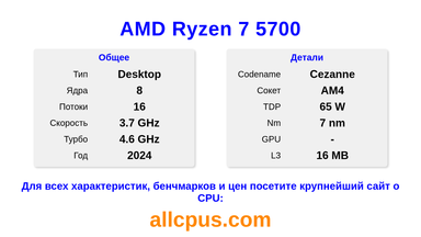 AMD Ryzen 7 5700 Характеристики и бенчмарки CPU