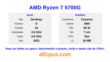 AMD Ryzen 7 5700G Especificações e benchmarks da CPU