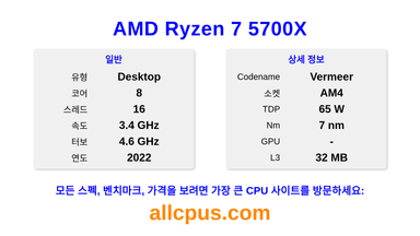 AMD Ryzen 7 5700X CPU 사양과 벤치마크