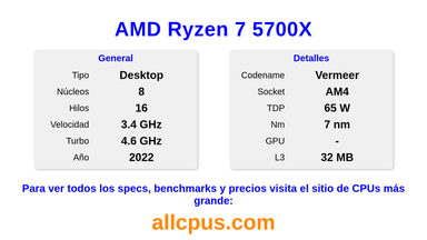 AMD Ryzen 7 5700X Especificaciones y benchmarks de la CPU