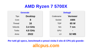AMD Ryzen 7 5700X Specifiche e benchmark della CPU