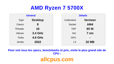 AMD Ryzen 7 5700X Spécifications et benchmarks du CPU