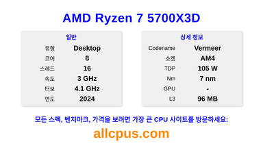 AMD Ryzen 7 5700X3D CPU 사양과 벤치마크