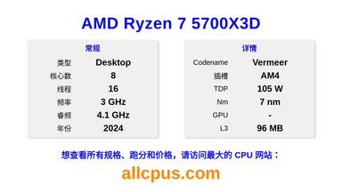 AMD Ryzen 7 5700X3D CPU 规格和跑分