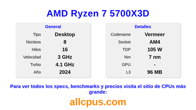 AMD Ryzen 7 5700X3D Especificaciones y benchmarks de la CPU