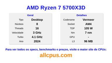 AMD Ryzen 7 5700X3D Especificações e benchmarks da CPU