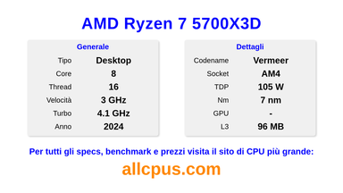 AMD Ryzen 7 5700X3D Specifiche e benchmark della CPU