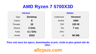 AMD Ryzen 7 5700X3D Spécifications et benchmarks du CPU