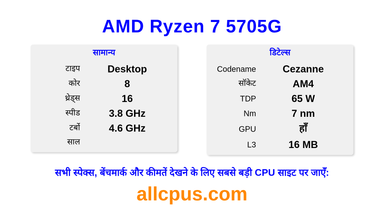 AMD Ryzen 7 5705G CPU की स्पेसिफिकेशन और बेंचमार्क
