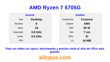 AMD Ryzen 7 5705G Especificaciones y benchmarks de la CPU