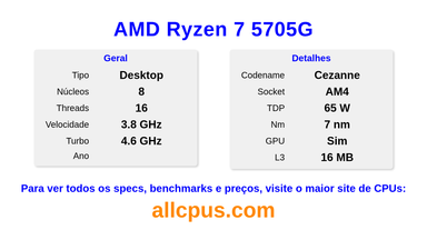 AMD Ryzen 7 5705G Especificações e benchmarks da CPU