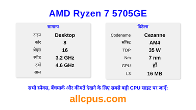 AMD Ryzen 7 5705GE CPU की स्पेसिफिकेशन और बेंचमार्क