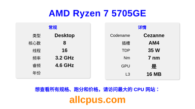 AMD Ryzen 7 5705GE CPU 规格和跑分