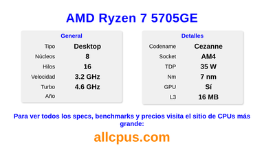 AMD Ryzen 7 5705GE Especificaciones y benchmarks de la CPU