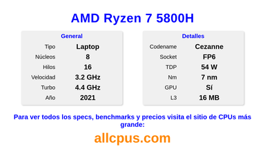AMD Ryzen 7 5800H Especificaciones y benchmarks de la CPU