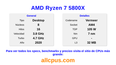 AMD Ryzen 7 5800X Especificaciones y benchmarks de la CPU